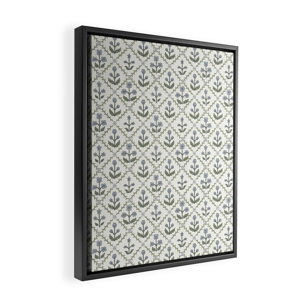 Lattice Block Print Floral - Blue Green Framed Canvas Print Gallery Image 2