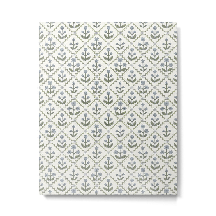 Lattice Block Print Floral - Blue Green Metal Print Gallery Image 1