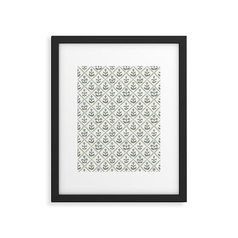 Lattice Block Print Floral - Blue Green Framed Art Print Gallery Image 6