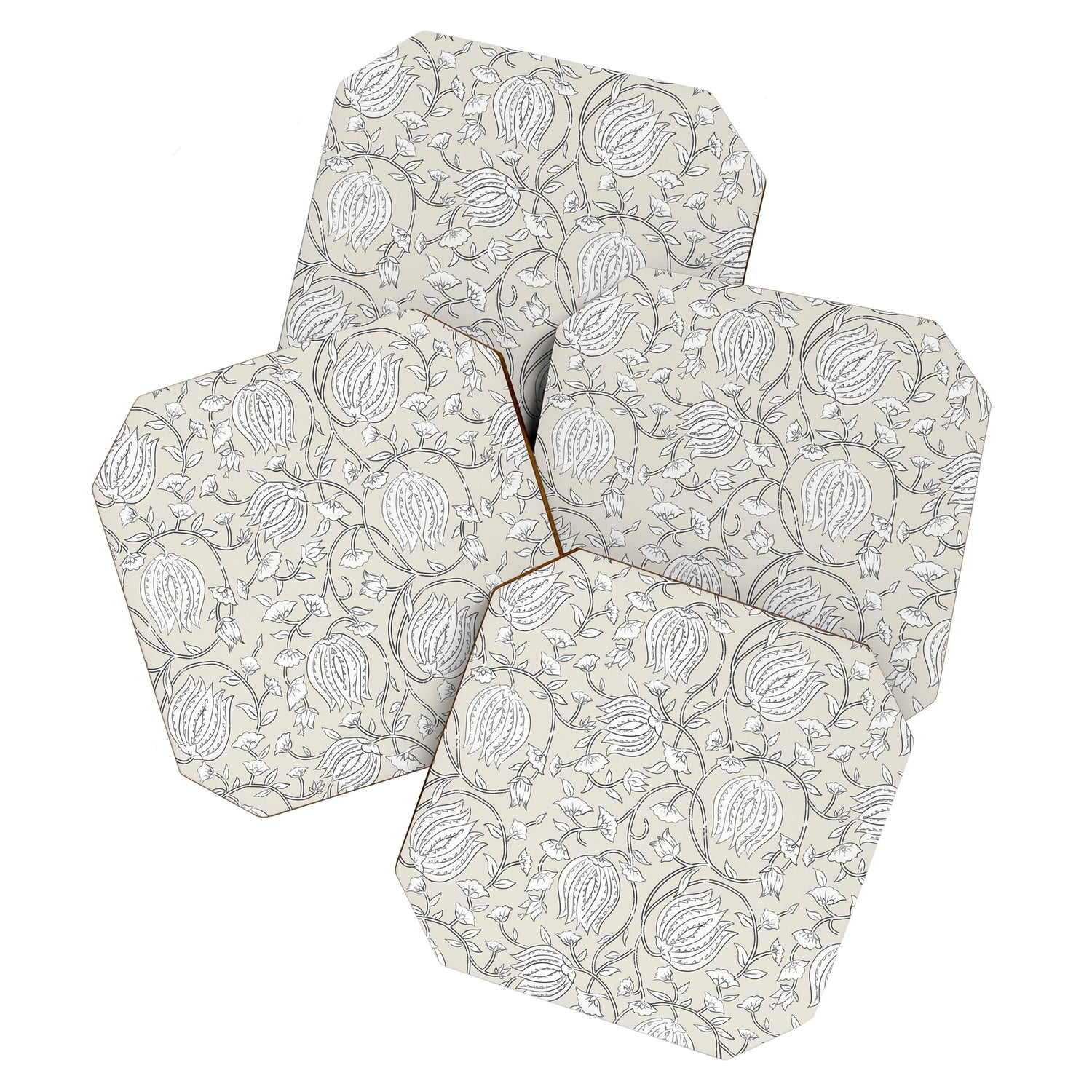 Lotus Block Print Floral - Beige White Coaster Gallery Image 1