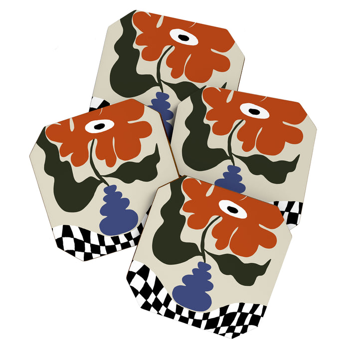 Bold retro flower with check  Coaster Gallery Image 1