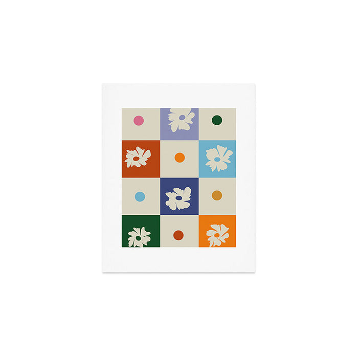 Retro floral checkerboard Art Print Gallery Image 1