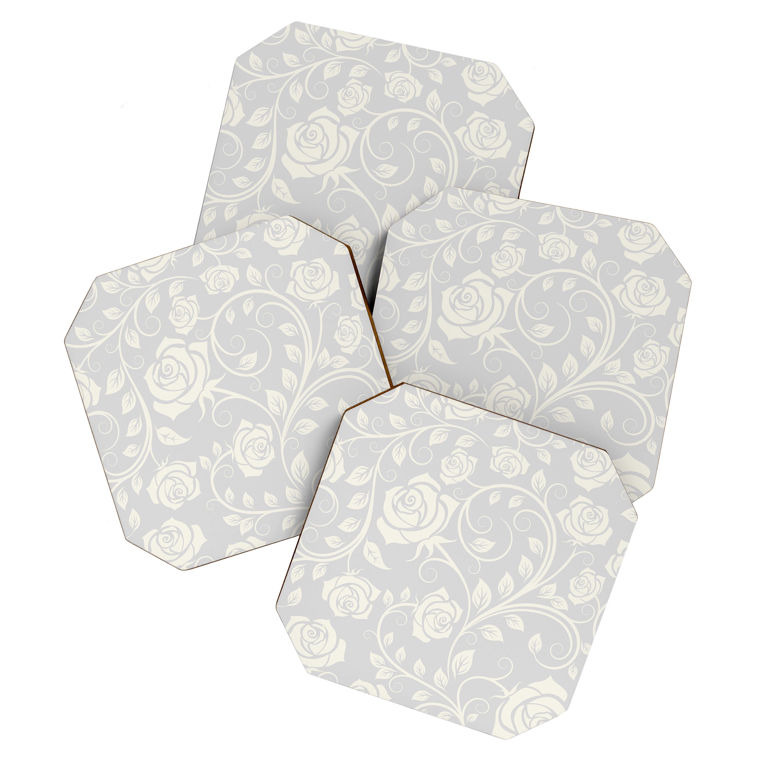 Antique White Roses Silhouette on Silver Grey Coaster Gallery Image 1