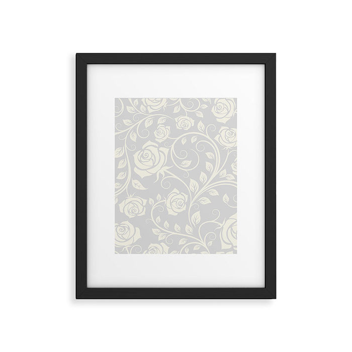 Antique White Roses Silhouette on Silver Grey Framed Art Print Gallery Image 1