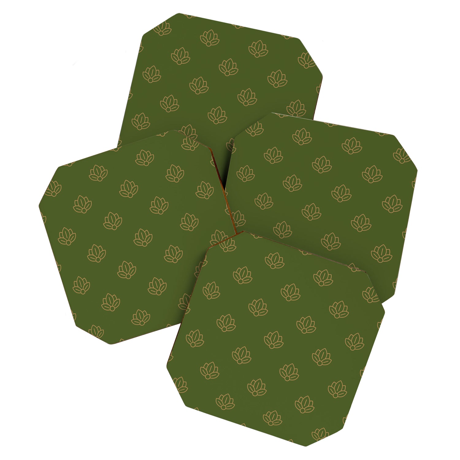 Gold Spiritual Lotus on Dark Olive Green Coaster Gallery Image 1