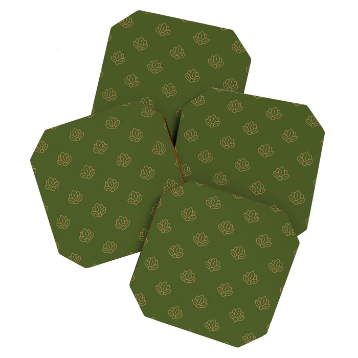 Gold Spiritual Lotus on Dark Olive Green Coaster Gallery Image 1