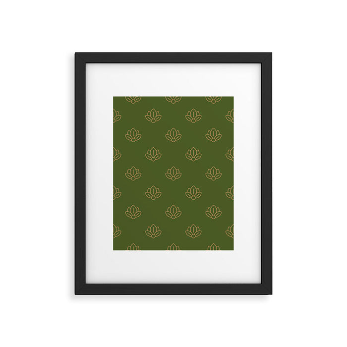 Gold Spiritual Lotus on Dark Olive Green Framed Art Print Gallery Image 1