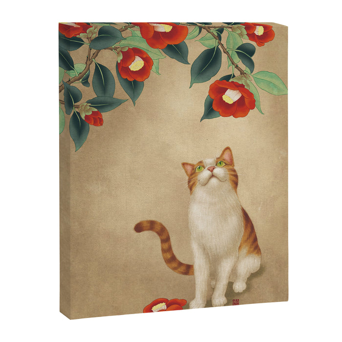 Cat and camellia flowers T1 Canvas Print Gallery Image 1