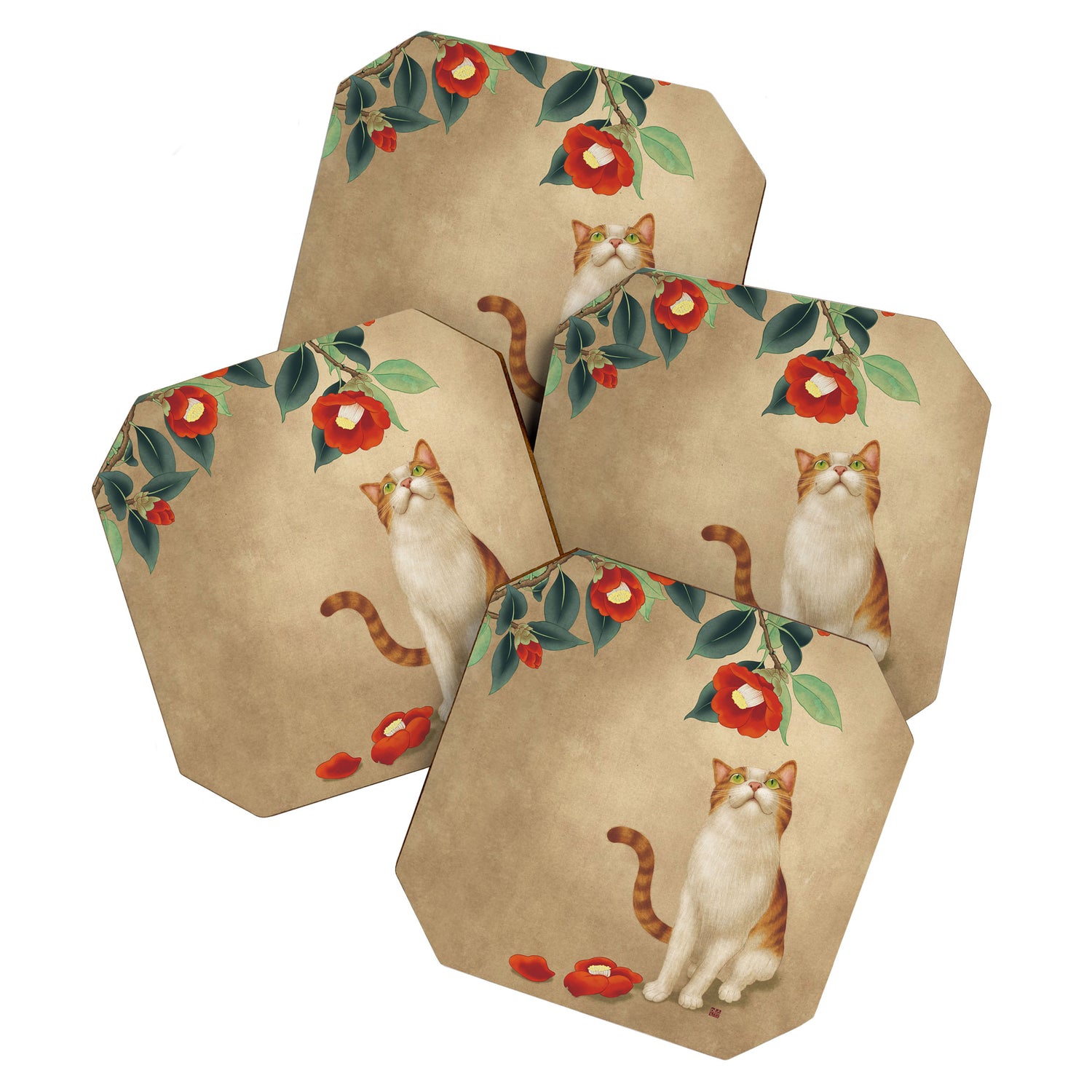 Cat and camellia flowers T1 Coaster Gallery Image 1