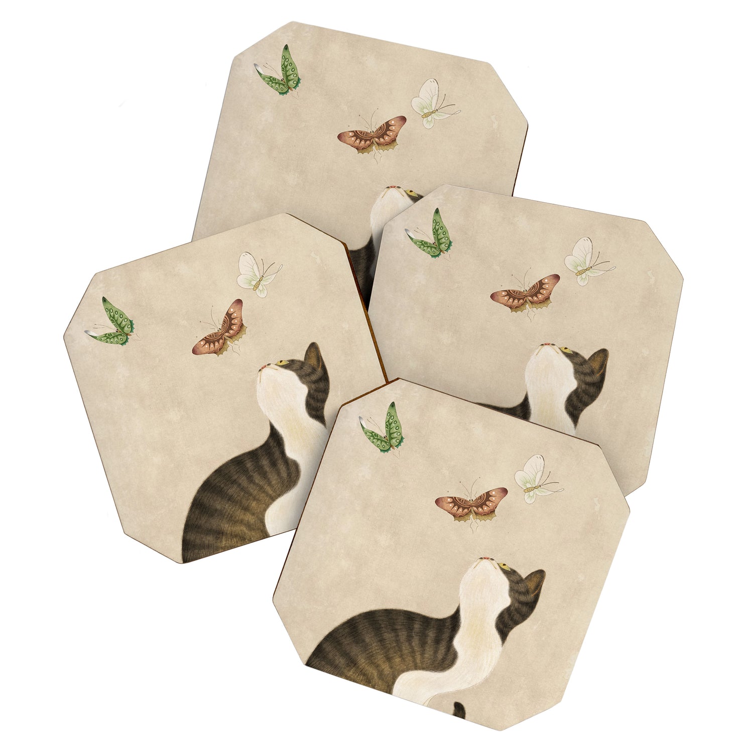 Minhwa: cat & butterflies (Korean traditional/folk art) Coaster Gallery Image 1