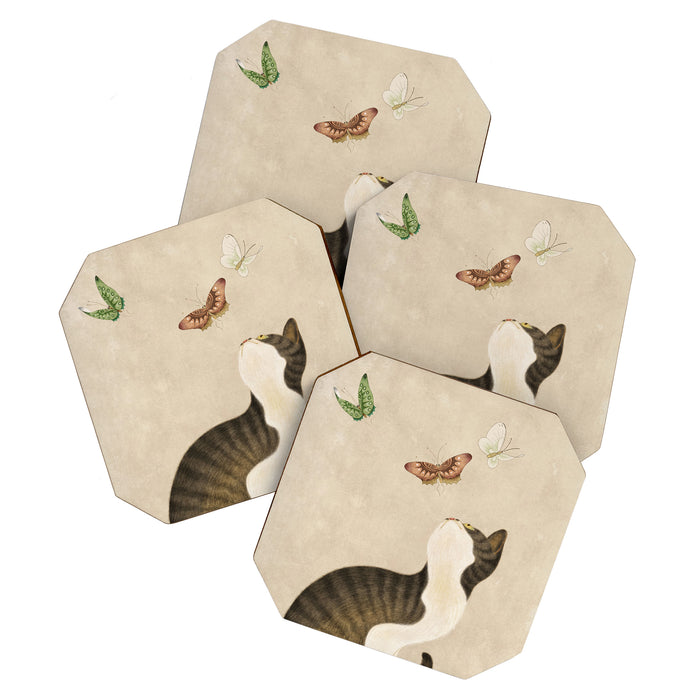 Minhwa: cat & butterflies (Korean traditional/folk art) Coaster Gallery Image 1