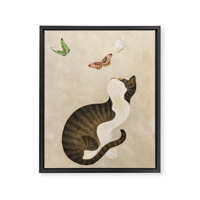 Minhwa: cat & butterflies (Korean traditional/folk art) Framed Canvas Print Gallery Image 1