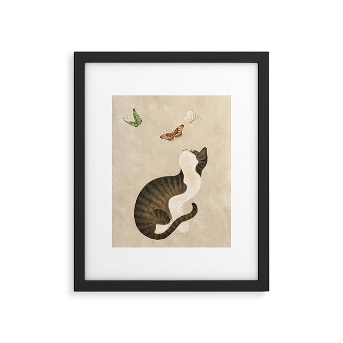 Minhwa: cat & butterflies (Korean traditional/folk art) Framed Art Print Gallery Image 1