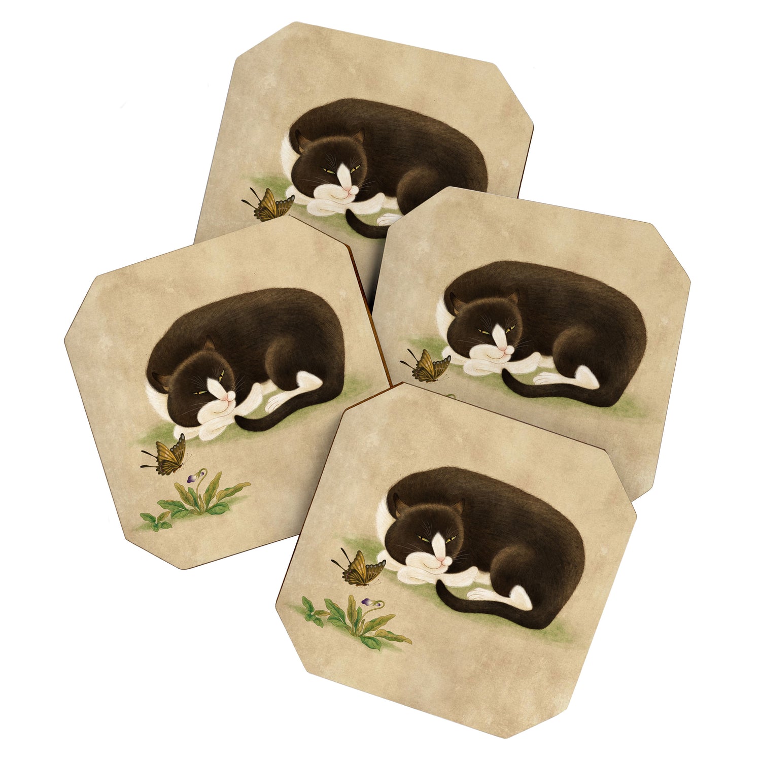 Minhwa: cat & butterfly 2 (Korean traditional/folk art)  Coaster Gallery Image 1