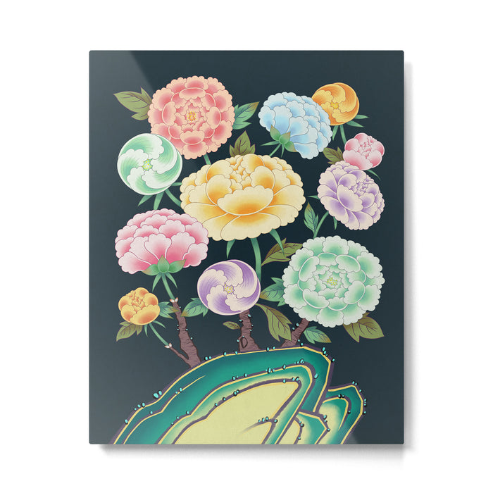 Minhwa(Korean traditional/folk art): Peony Flowers and Rock Metal Print Gallery Image 1