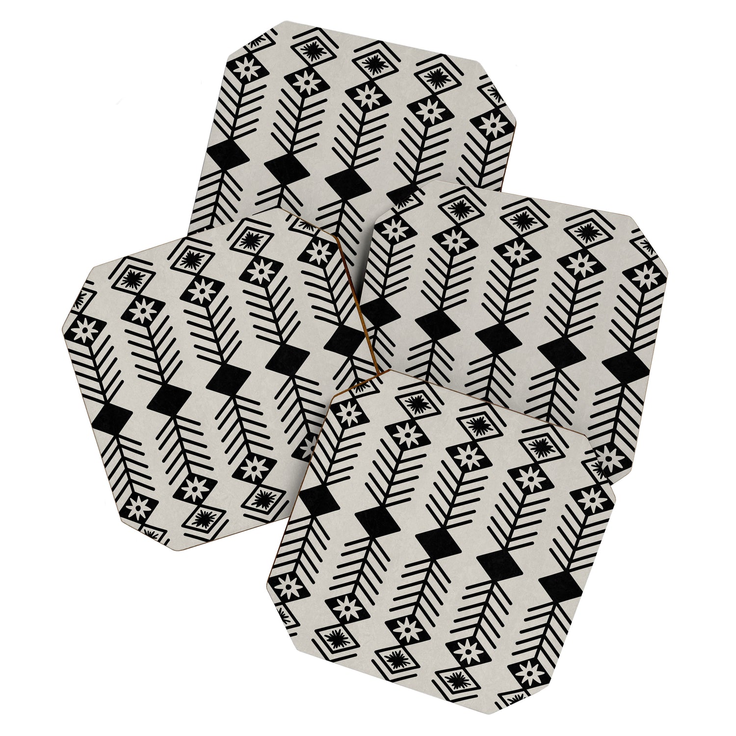 Black aztec lines and flowers on neutral Coaster Gallery Image 1