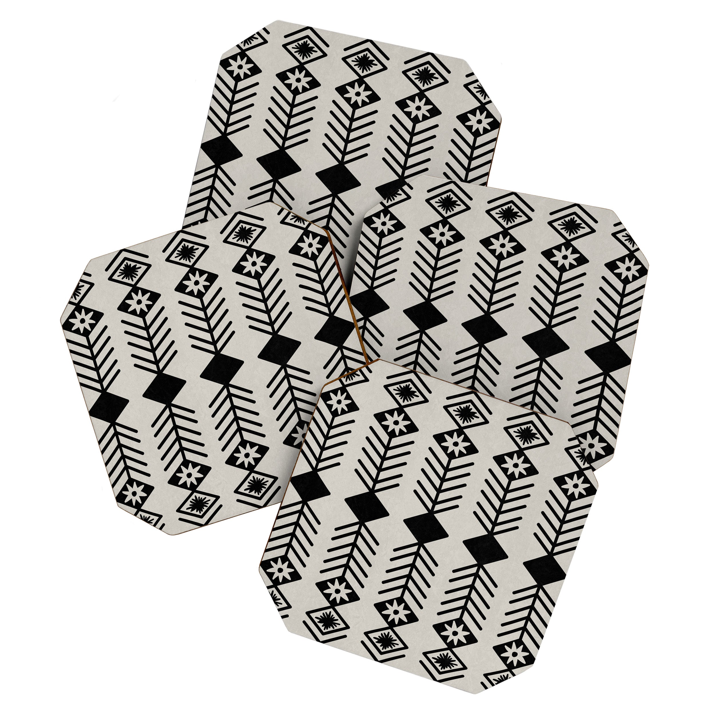 Black aztec lines and flowers on neutral Coaster Gallery Image 1