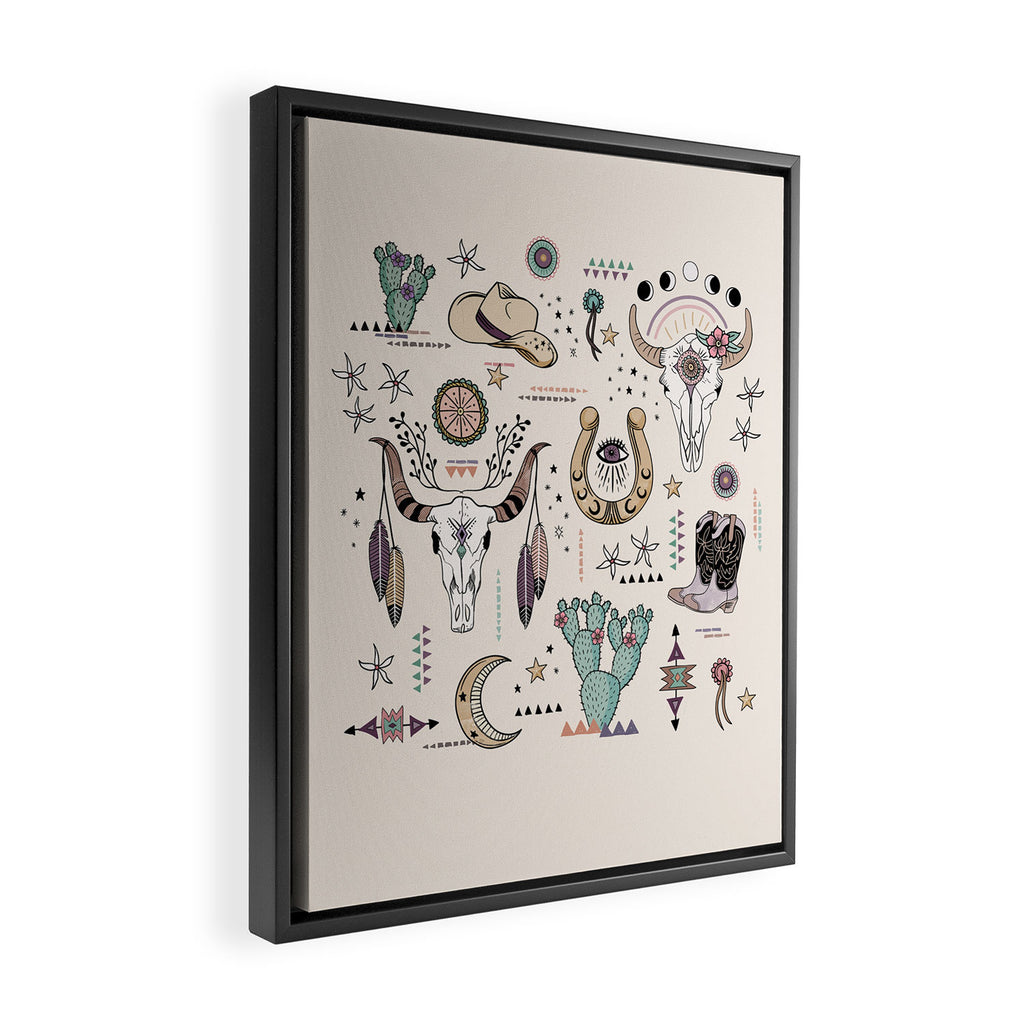 Boho Tribal Cowgirl Ephemera - cream Framed Canvas Print Gallery Image 2