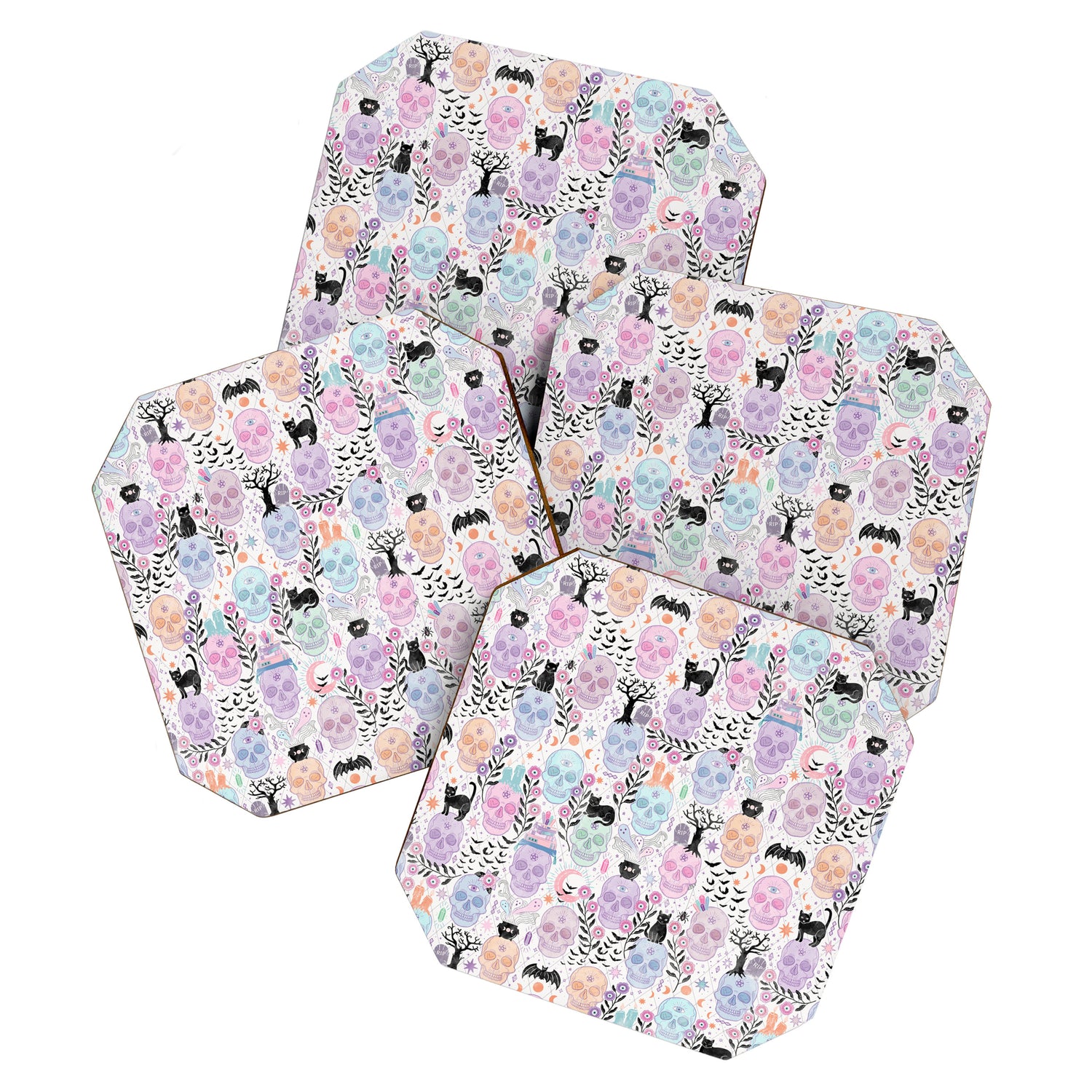 Pastel candy-colored skulls with cats, bats, and witchy things - halloween, bone Coaster Gallery Image 1