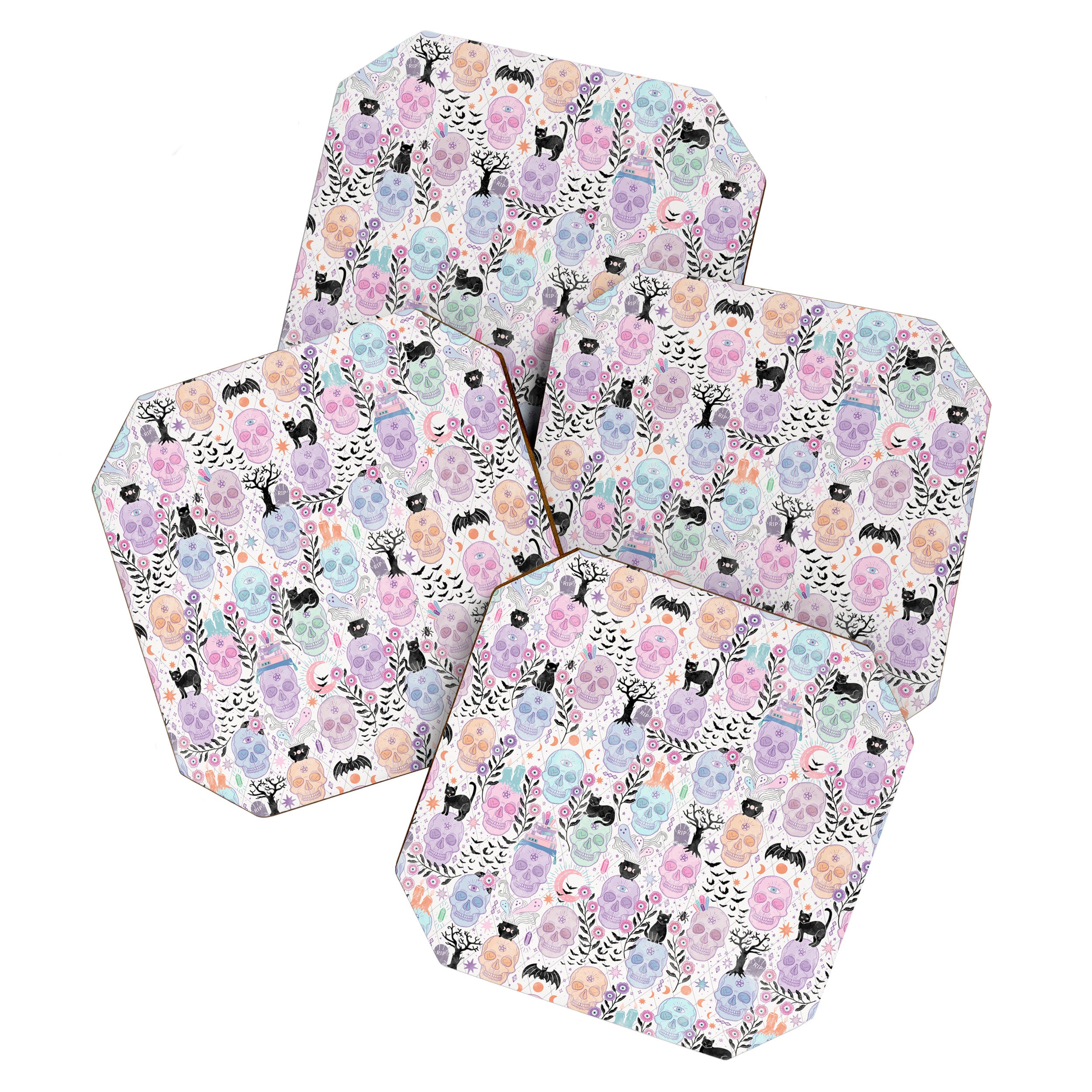 Pastel candy-colored skulls with cats, bats, and witchy things - halloween, bone Coaster Gallery Image 1