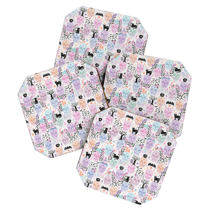 Pastel candy-colored skulls with cats, bats, and witchy things - halloween, bone Coaster Gallery Image 1