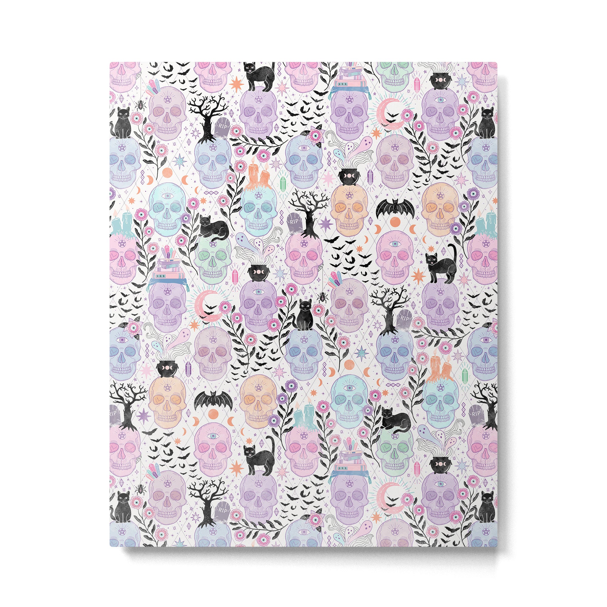 Pastel candy-colored skulls with cats, bats, and witchy things - halloween, bone Metal Print Gallery Image 6