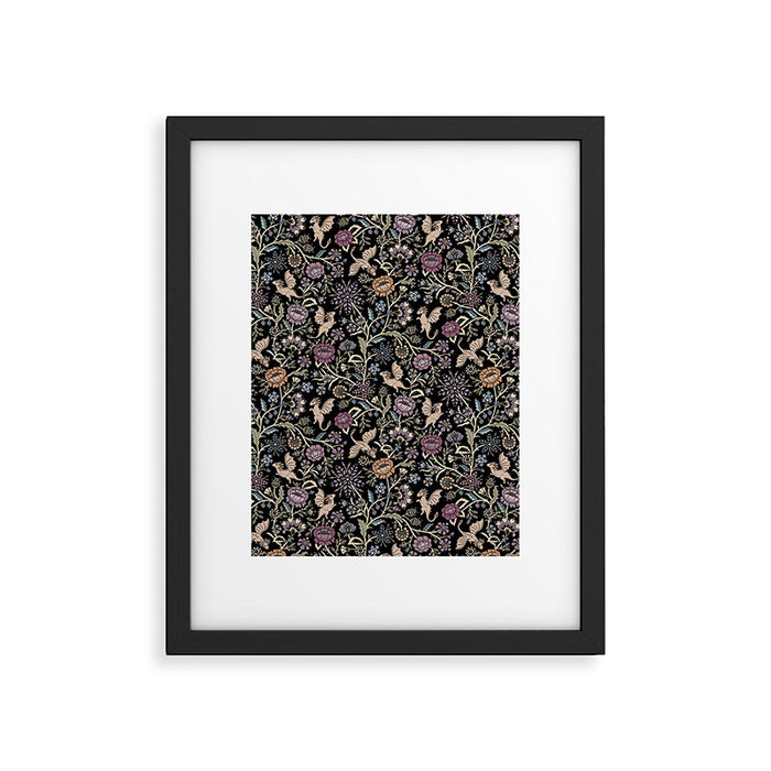 Pollinator Dragons - fantasy, goth floral - muted jewel tones on black Framed Art Print Gallery Image 1