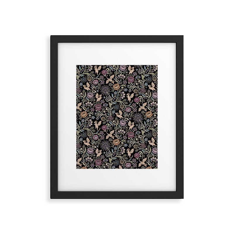 Pollinator Dragons - fantasy, goth floral - muted jewel tones on black Framed Art Print Gallery Image 6