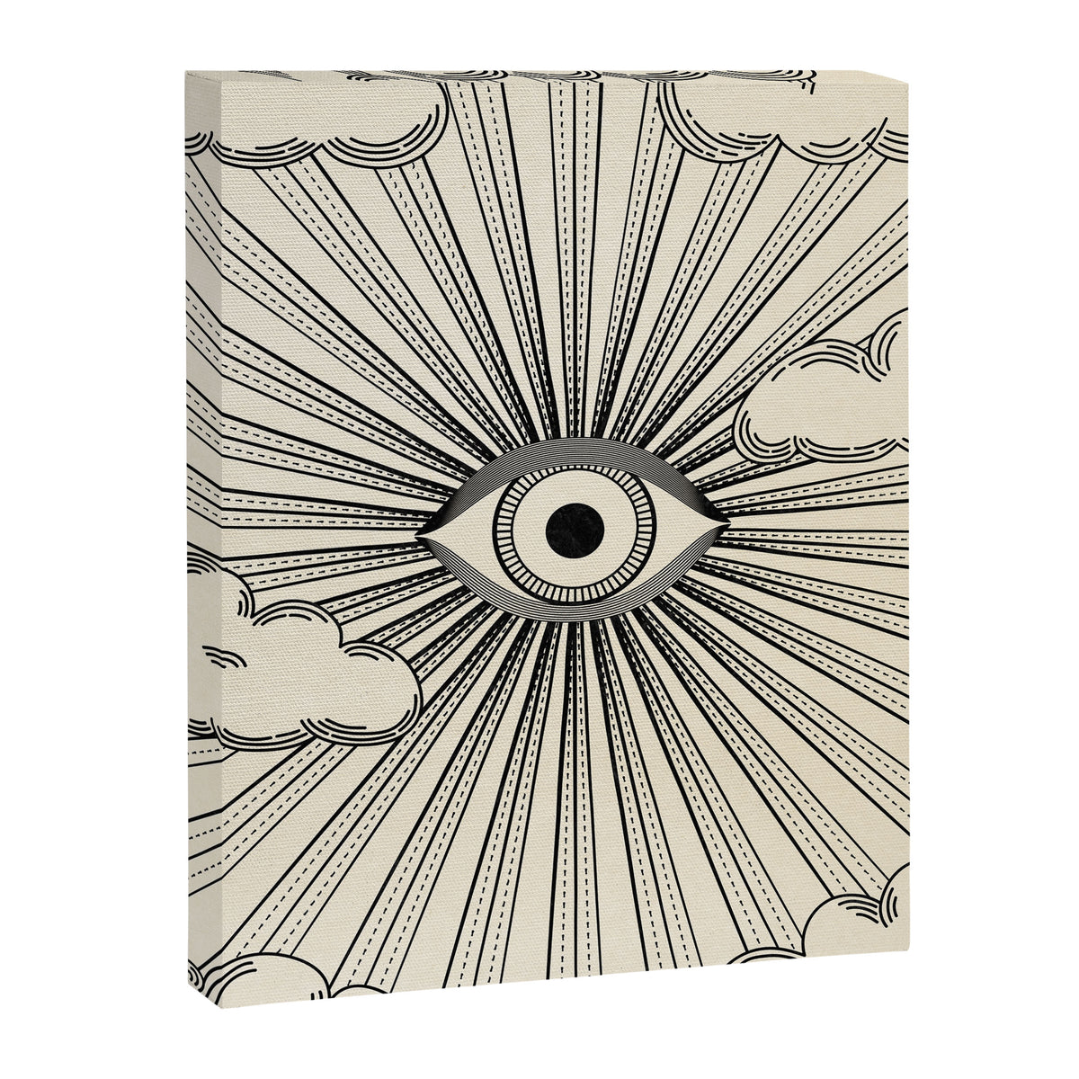Radiant eye minimal sky scene with clouds - black lines on neutral Canvas Print Gallery Image 8