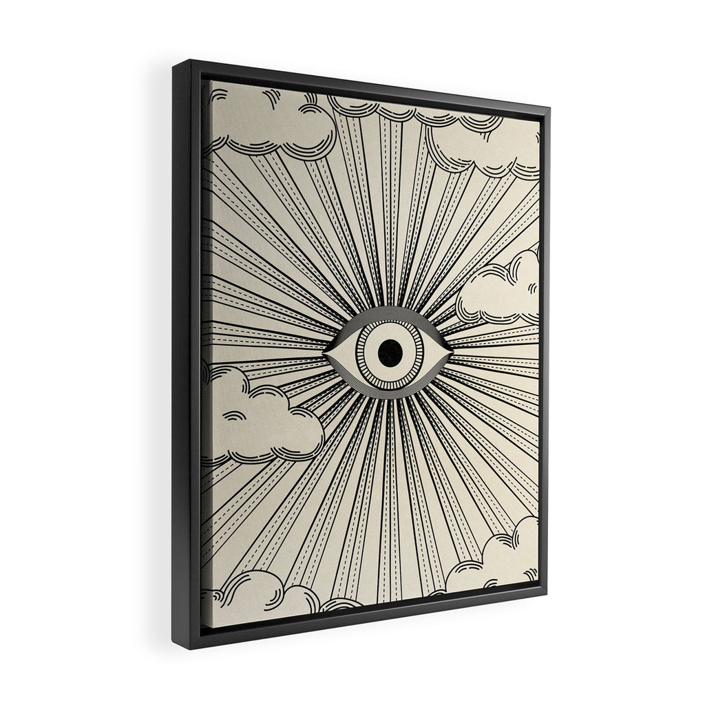Radiant eye minimal sky scene with clouds - black lines on neutral Framed Canvas Print Gallery Image 2
