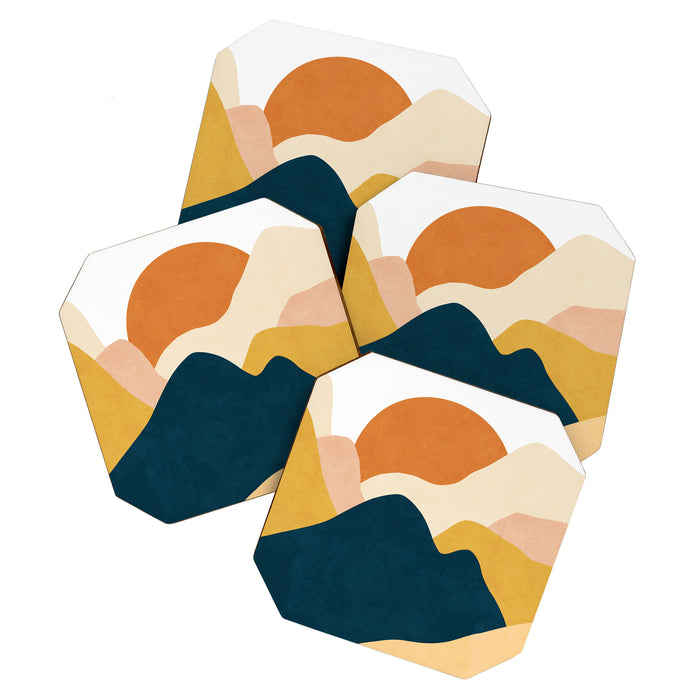 Boho sun mountain landscape in orange, yellow, blue Coaster Gallery Image 1