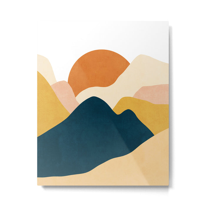 Boho sun mountain landscape in orange, yellow, blue Metal Print Gallery Image 1