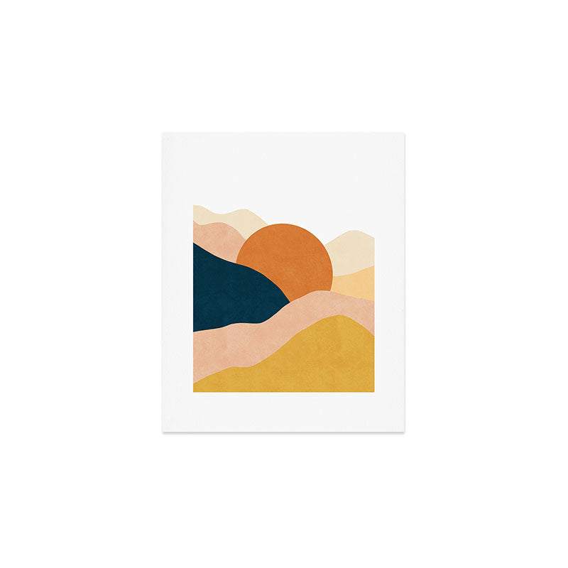 Sunrise landscape in yellow, orange, blue Art Print Gallery Image 1