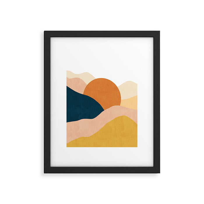 Sunrise landscape in yellow, orange, blue Framed Art Print Gallery Image 1