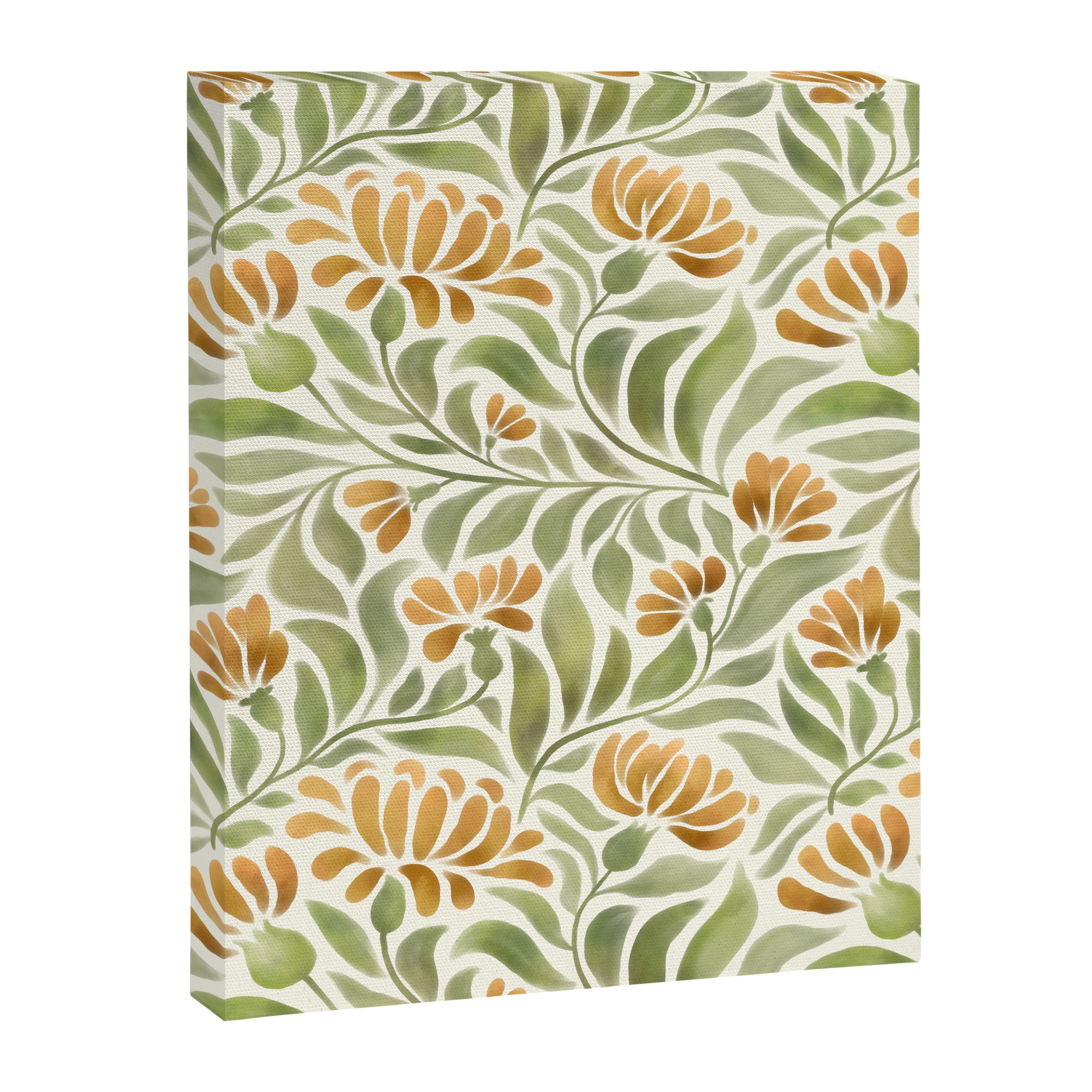 Watercolor Peony pattern in yellow and olive green Canvas Print Gallery Image 8