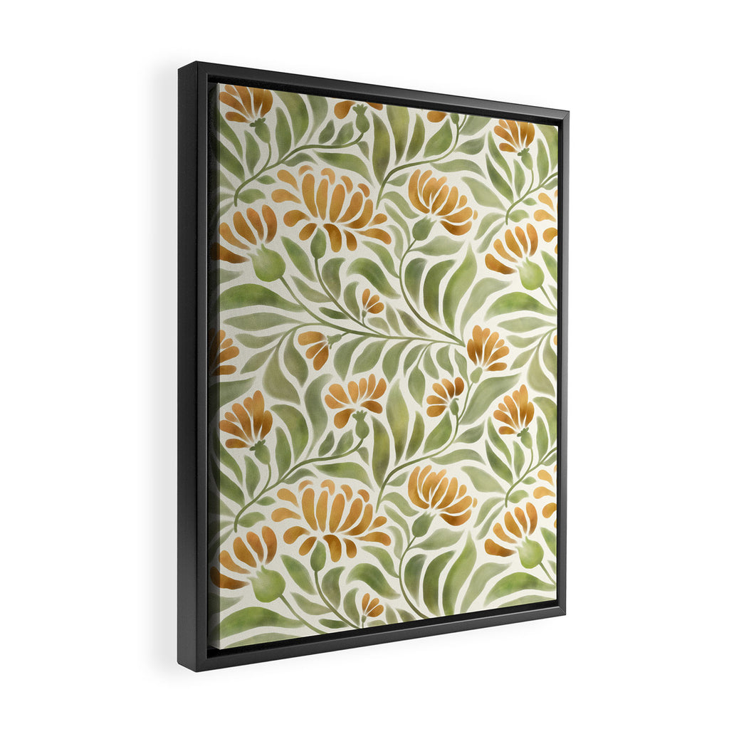 Watercolor Peony pattern in yellow and olive green Framed Canvas Print Gallery Image 2
