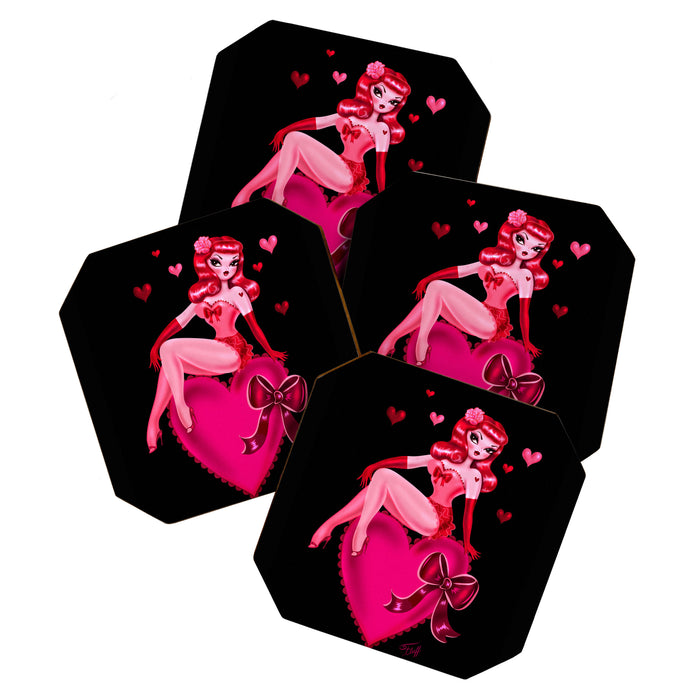 Retro Valentine Redhead Pinup Doll on a Big Heart Coaster Gallery Image 1
