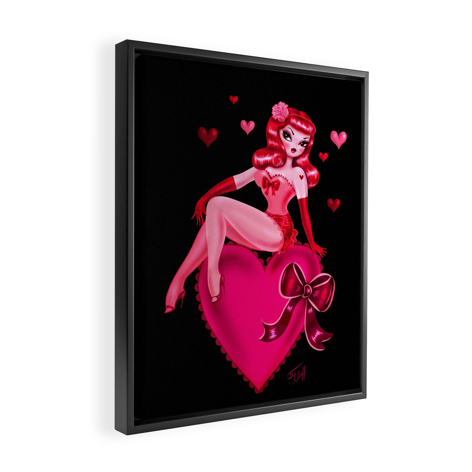 Retro Valentine Redhead Pinup Doll on a Big Heart Framed Canvas Print Gallery Image 2