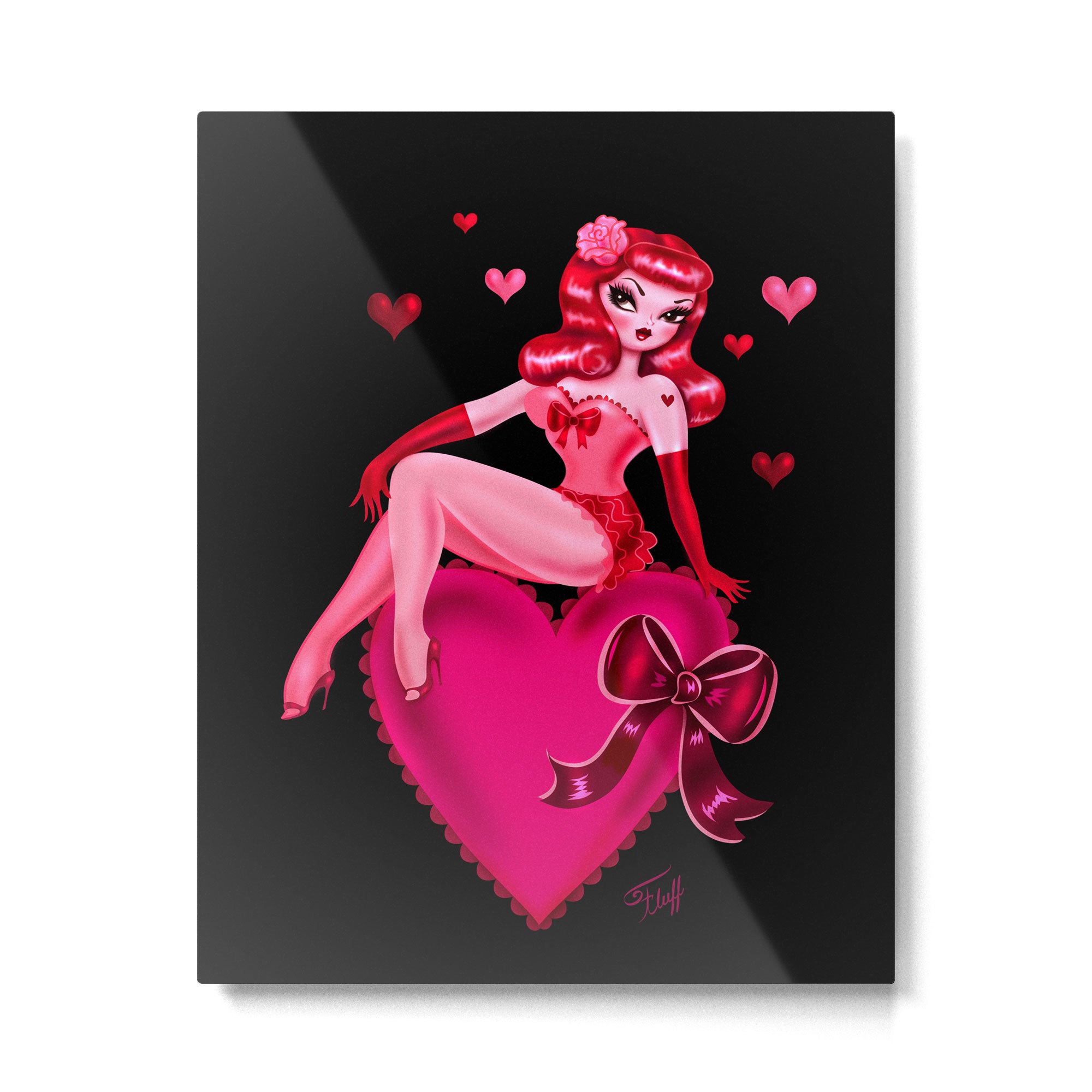 Retro Valentine Redhead Pinup Doll on a Big Heart Metal Print Gallery Image 6