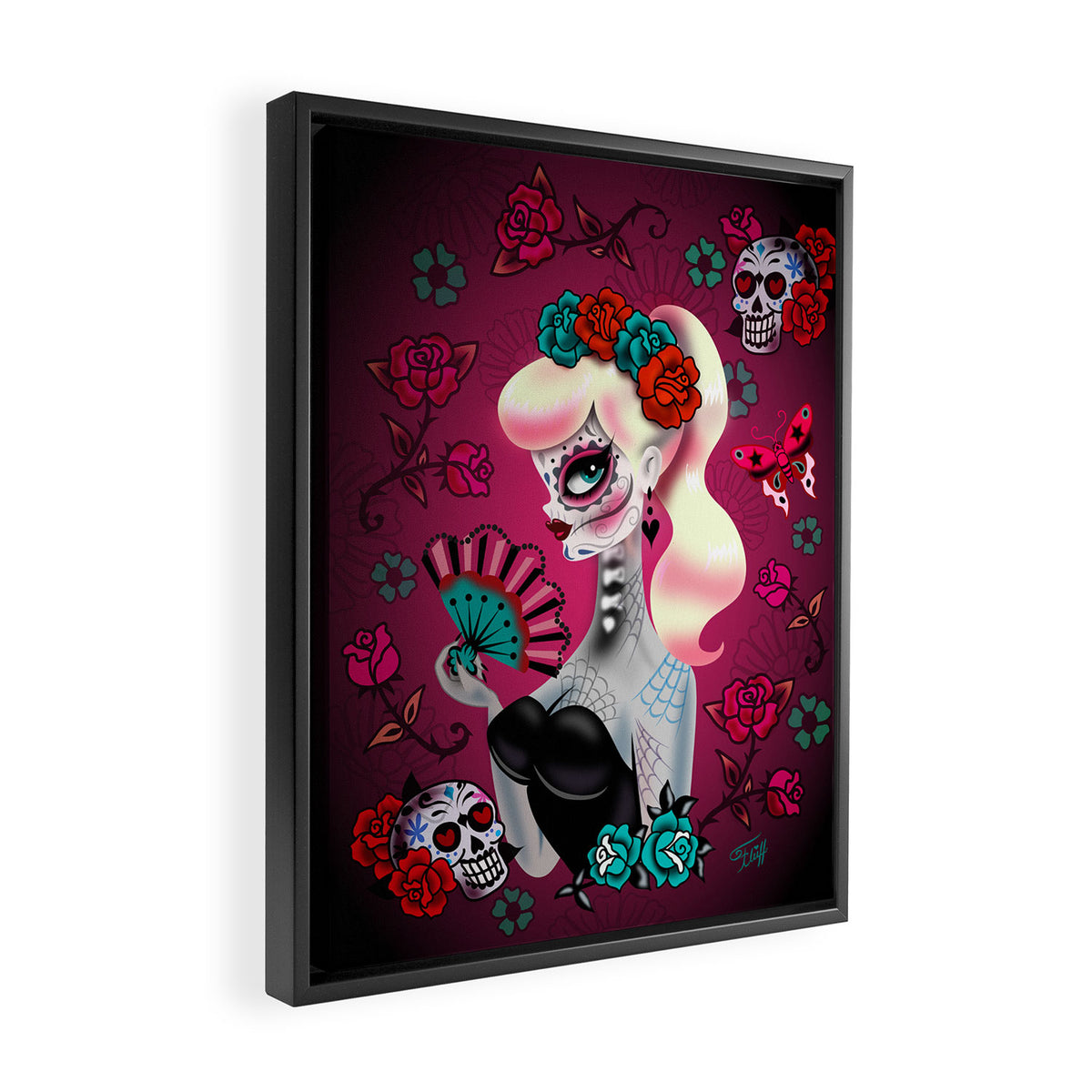 Rockabilly Blonde Sugar Skull Girl Framed Canvas Print Gallery Image 2