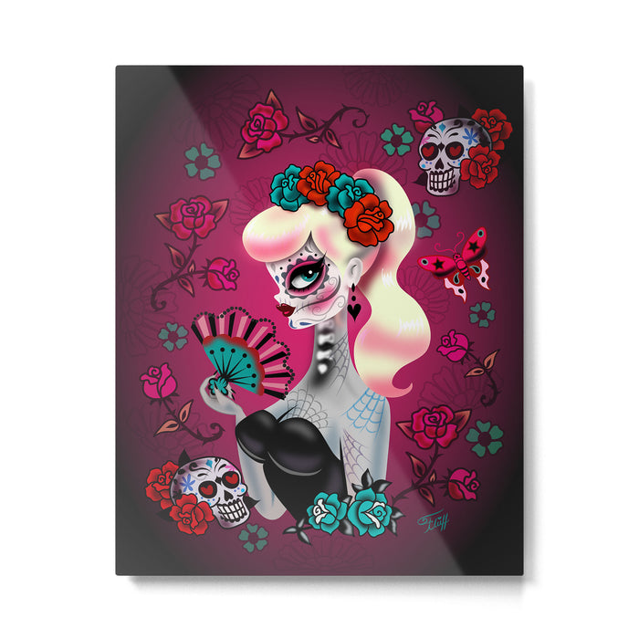 Rockabilly Blonde Sugar Skull Girl Metal Print Gallery Image 1