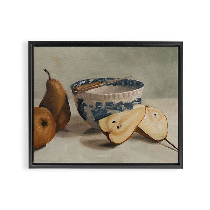 pears, knife, & transferware bowl Framed Canvas Print Gallery Image 1
