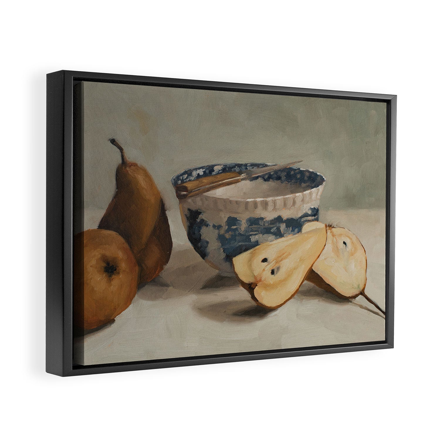 pears, knife, & transferware bowl Framed Canvas Print Gallery Image 2