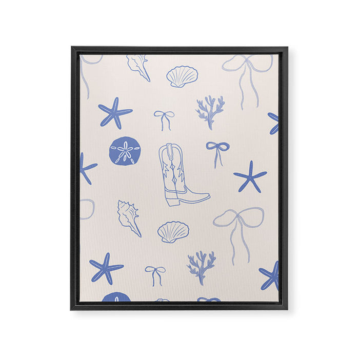 Coastal Cowgirl | Beachy Blue Seashells & Boots Framed Canvas Print Gallery Image 1