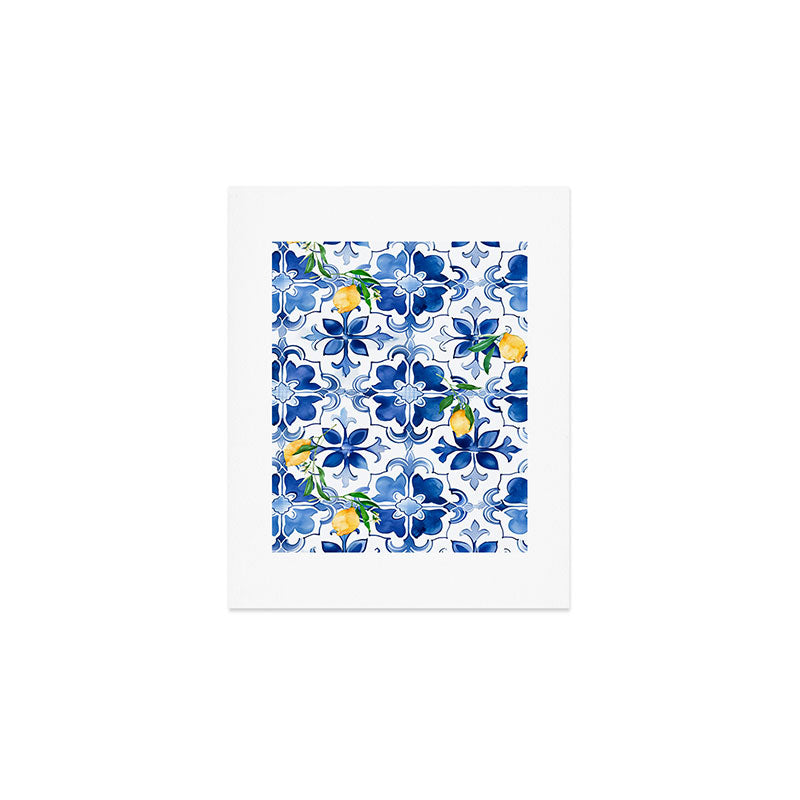 Blue tiles,mosaic,Mediterranean tiles,majolica art ,lemon ,citrus, Art Print Gallery Image 1