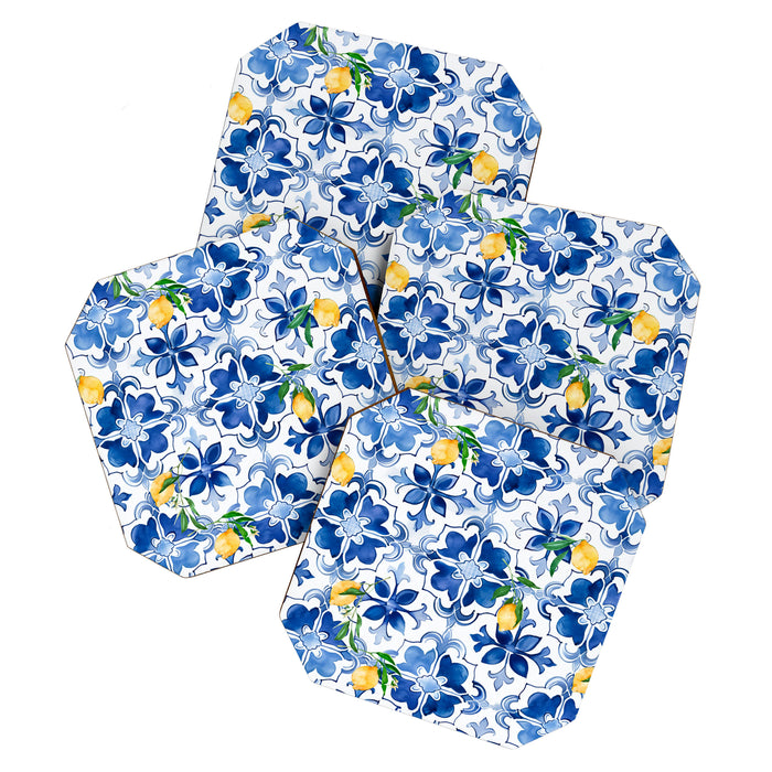 Blue tiles,mosaic,Mediterranean tiles,majolica art ,lemon ,citrus, Coaster Gallery Image 1