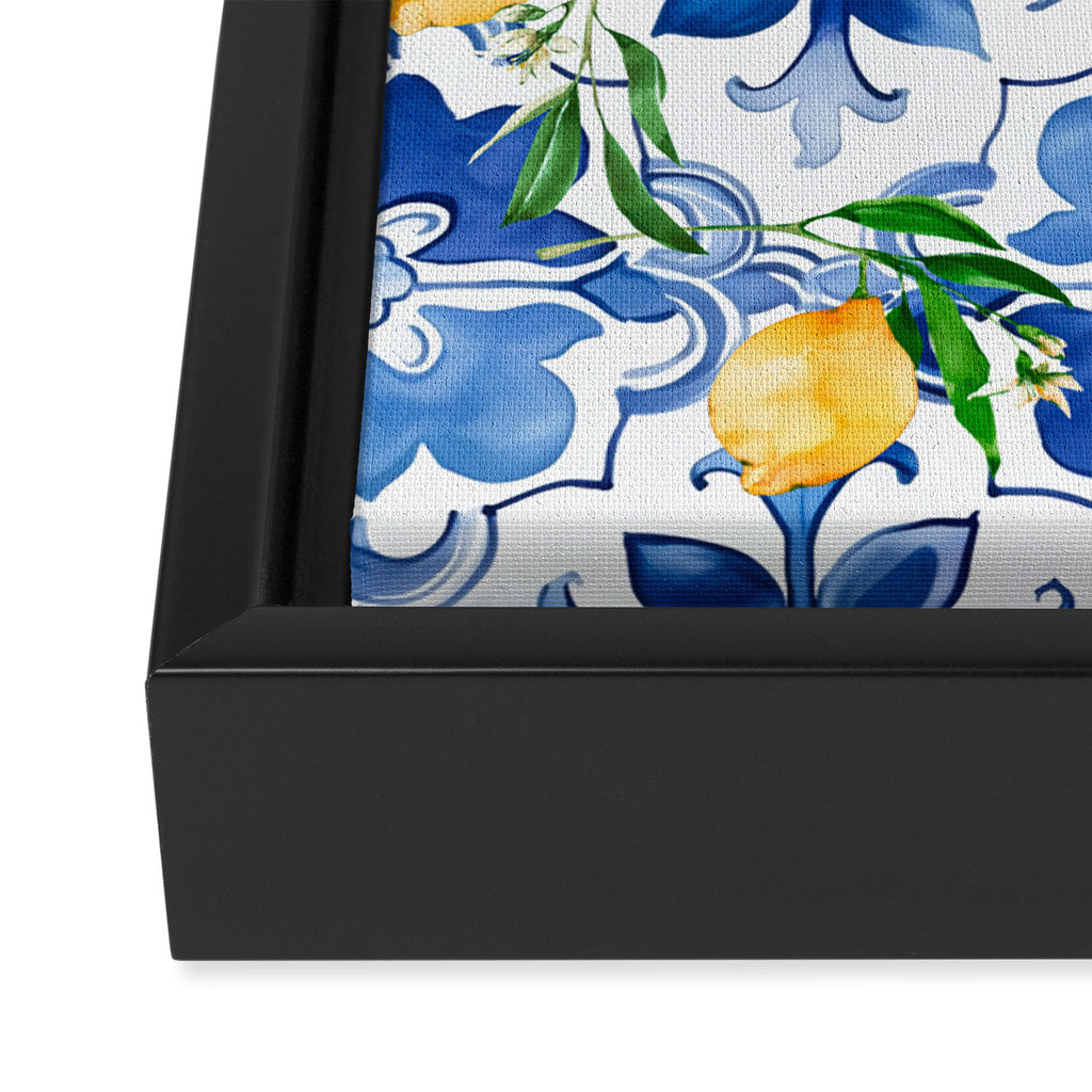 Blue tiles,mosaic,Mediterranean tiles,majolica art ,lemon ,citrus, Framed Canvas Print Gallery Image 3
