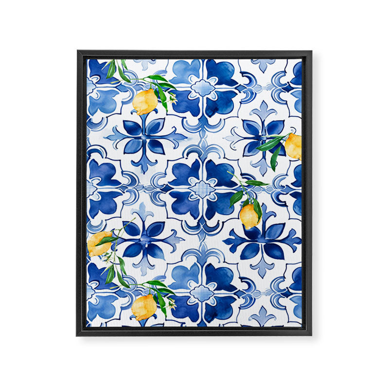 Blue tiles,mosaic,Mediterranean tiles,majolica art ,lemon ,citrus, Framed Canvas Print Gallery Image 6