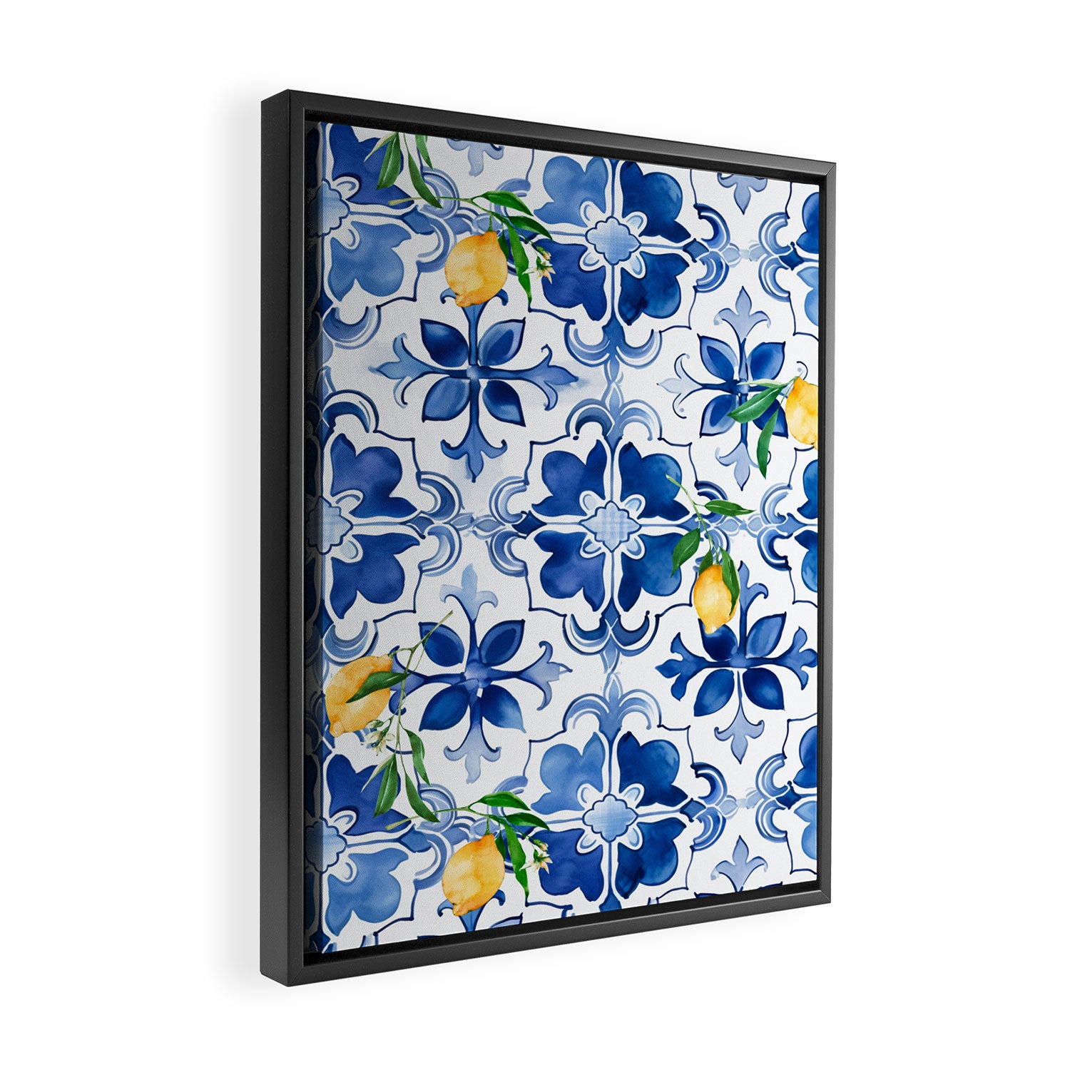 Blue tiles,mosaic,Mediterranean tiles,majolica art ,lemon ,citrus, Framed Canvas Print Gallery Image 2
