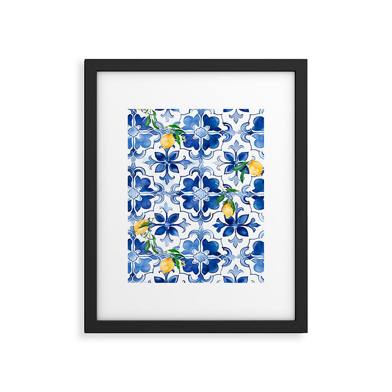 Blue tiles,mosaic,Mediterranean tiles,majolica art ,lemon ,citrus, Framed Art Print Gallery Image 5